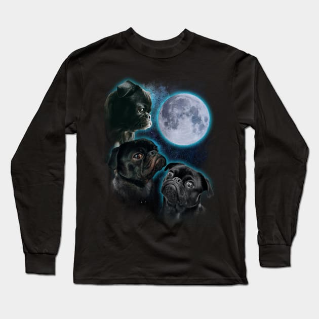 Three Pugs moon Long Sleeve T-Shirt by ursulalopez